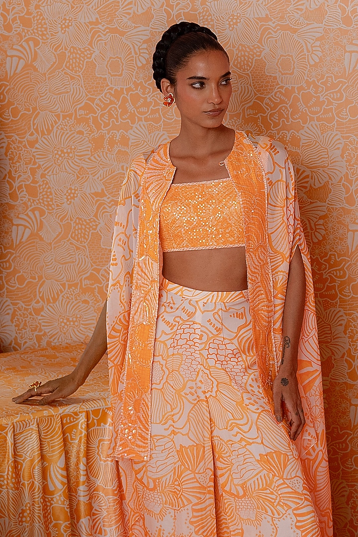 Tangerine Organza Printed Embellished Cape Set by Mishru at Pernia's Pop Up Shop