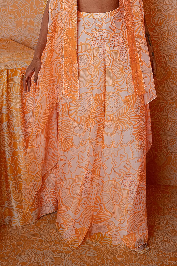 Tangerine Organza Printed Embellished Cape Set by Mishru at Pernia's Pop Up Shop
