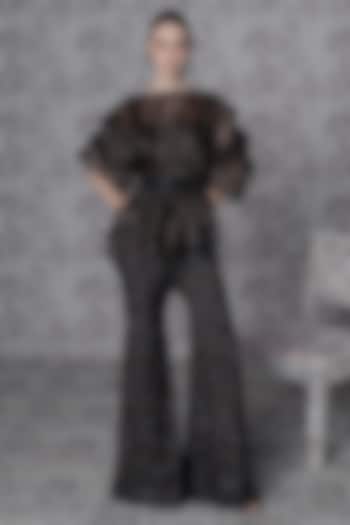 Black Satin Organza Printed Embellished Pant Set by Mishru at Pernia's Pop Up Shop