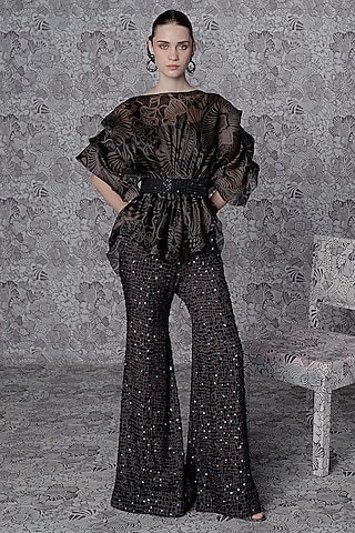 Black Satin Organza Printed Embellished Pant Set by Mishru
