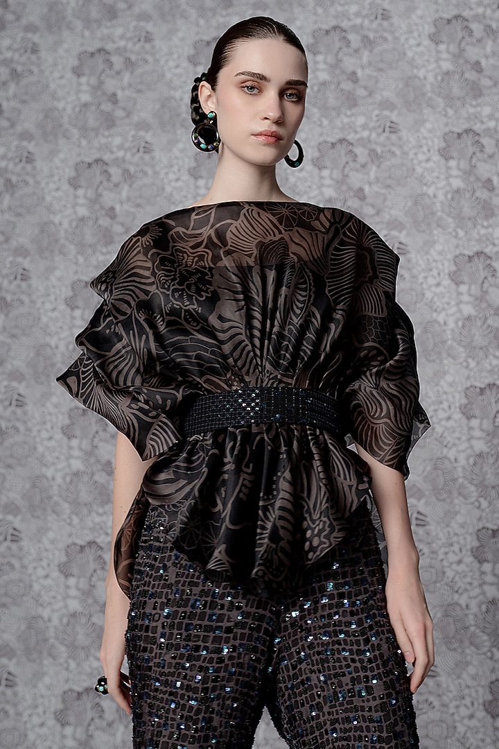 Black Satin Organza Printed Embellished Pant Set by Mishru at Pernia's Pop Up Shop