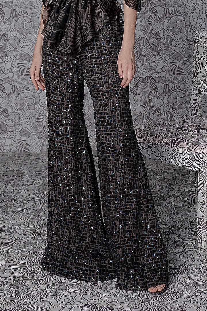 Black Satin Organza Printed Embellished Pant Set by Mishru at Pernia's Pop Up Shop