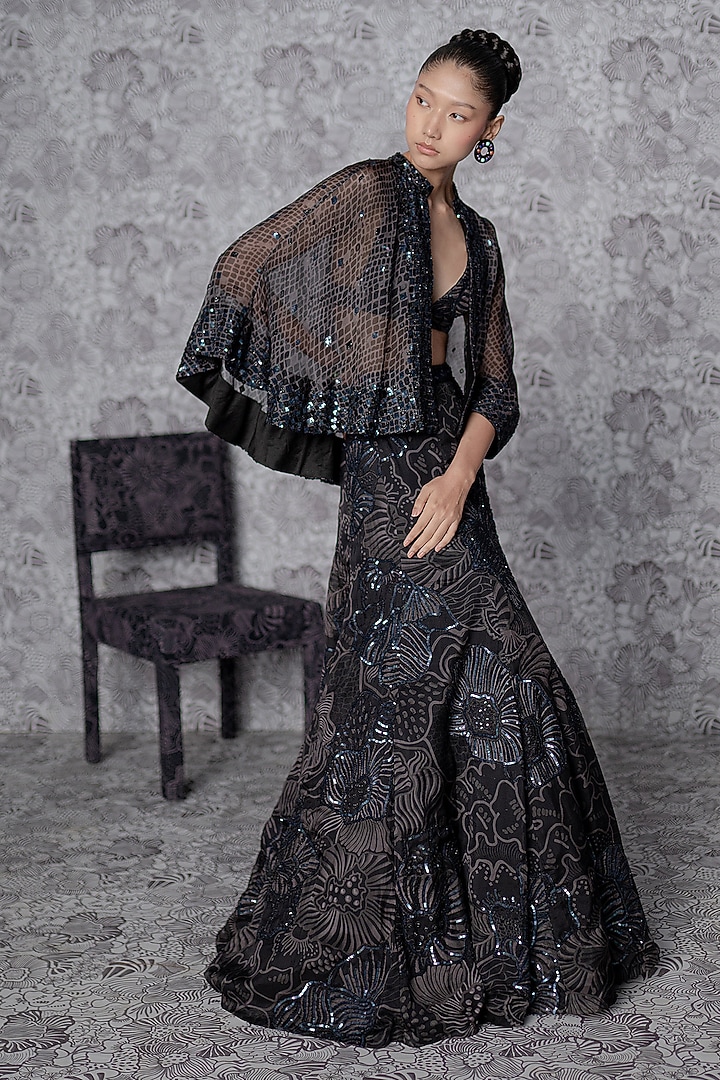 Black Organza Embroidered Bridal Lehenga Set by Mishru at Pernia's Pop Up Shop