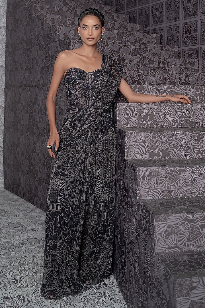 Black Organza Sequin Embroidered Pant Set by Mishru at Pernia's Pop Up Shop