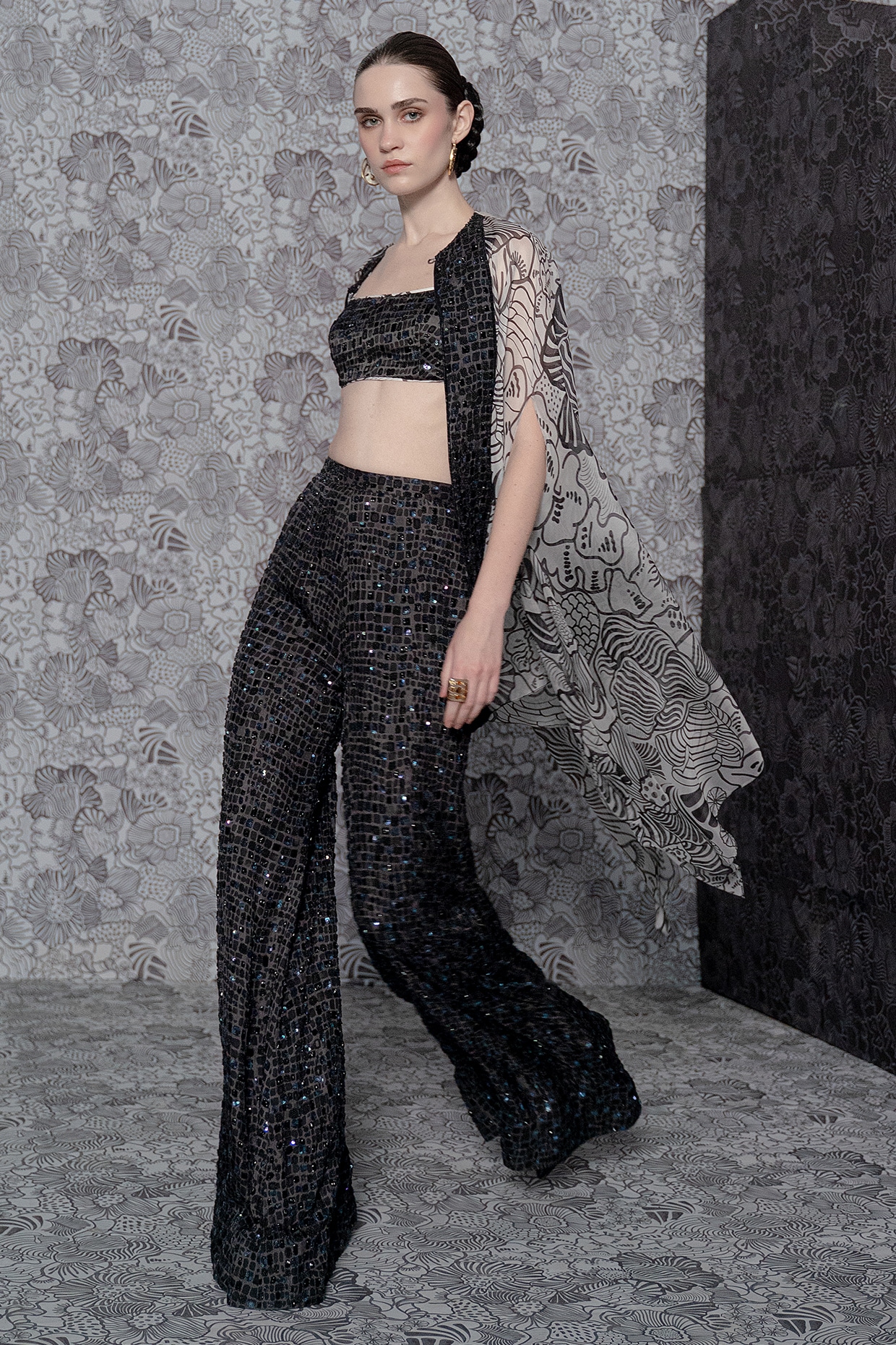 Mishru Black Organza Hexagon Embroidered Cape Set