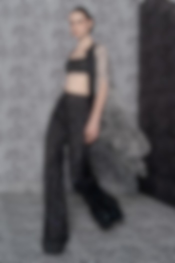 Black Organza Hexagon Embroidered Cape Set by Mishru at Pernia's Pop Up Shop