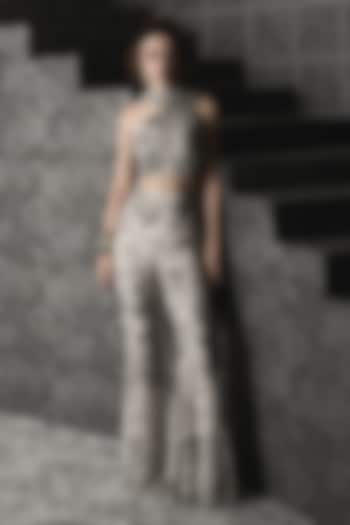 White Georgette & Organza Printed Pant Set by Mishru at Pernia's Pop Up Shop