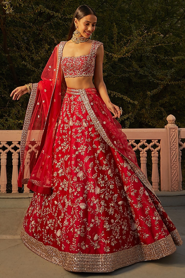 Red Sequins Hand Embroidered Chintz Lehenga Set by Mishru