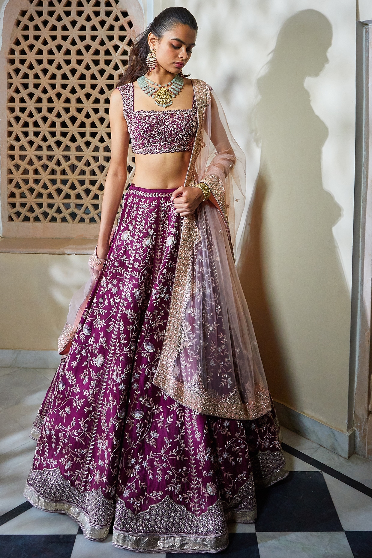 Mirror-work & Heavy Embroidered Silk Lehenga – Maharani