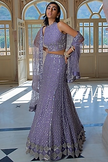 Lavender Hand Embroidered Lehenga Set by Mishru-SEQUINS