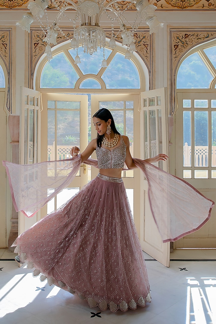 Muted Pink Hand Embroidered Lehenga Set by Mishru