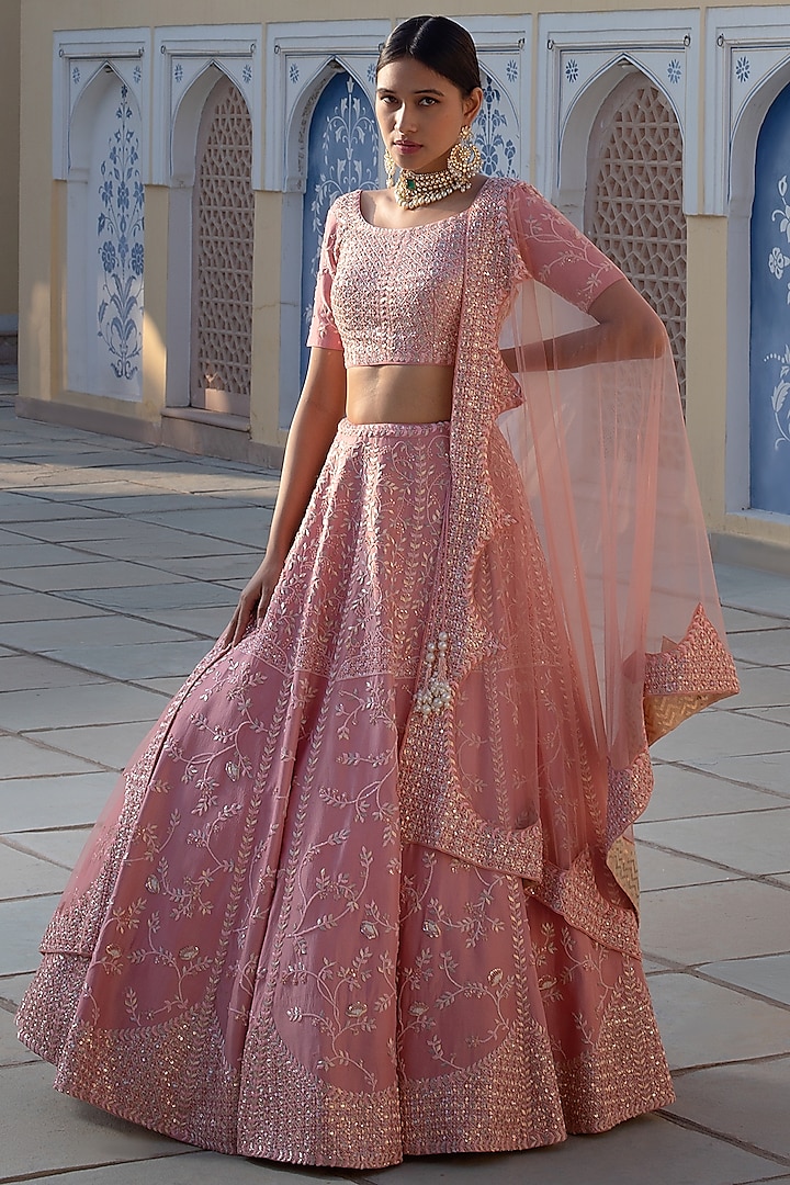 Bright Pink Chintz Hand Embroidered Lehenga Set by Mishru