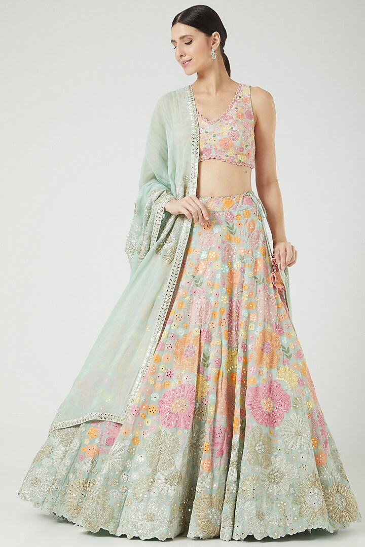 Mint Green Embroidered Bridal Lehenga Set by Mishru at Pernia's Pop Up Shop