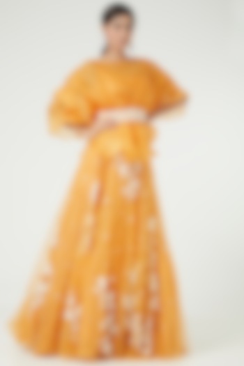 Orange Embroidered Lehenga Set by Mishru
