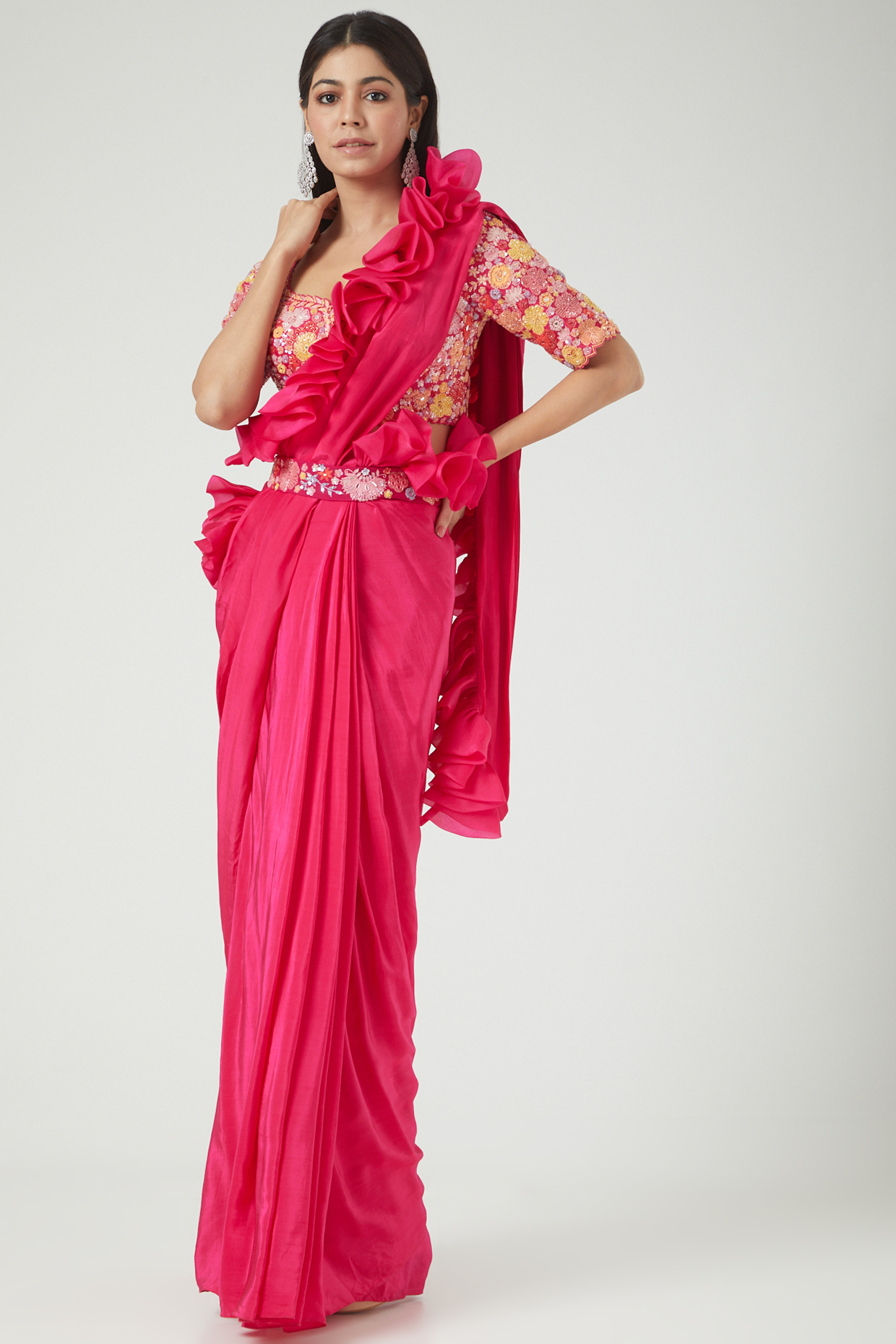 Fuchsia Natural Crepe & Chanderi Pre-Draped Wedding Saree Set by Mishru at Pernia's Pop Up Shop