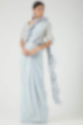 Sky Blue Crepe Pre-Draped Bridal Saree Set by Mishru at Pernia's Pop Up Shop