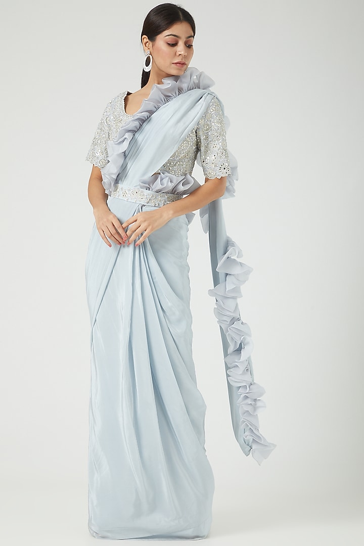 Sky Blue Crepe Pre-Draped Bridal Saree Set by Mishru at Pernia's Pop Up Shop