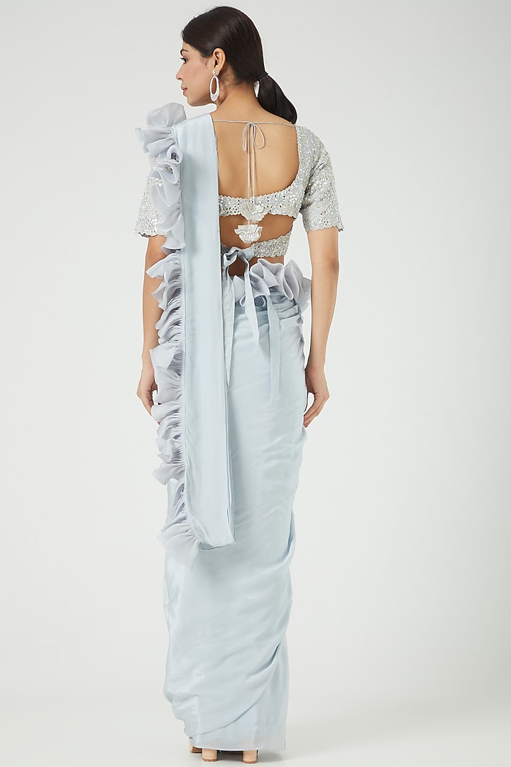 Sky Blue Crepe Pre-Draped Bridal Saree Set by Mishru at Pernia's Pop Up Shop
