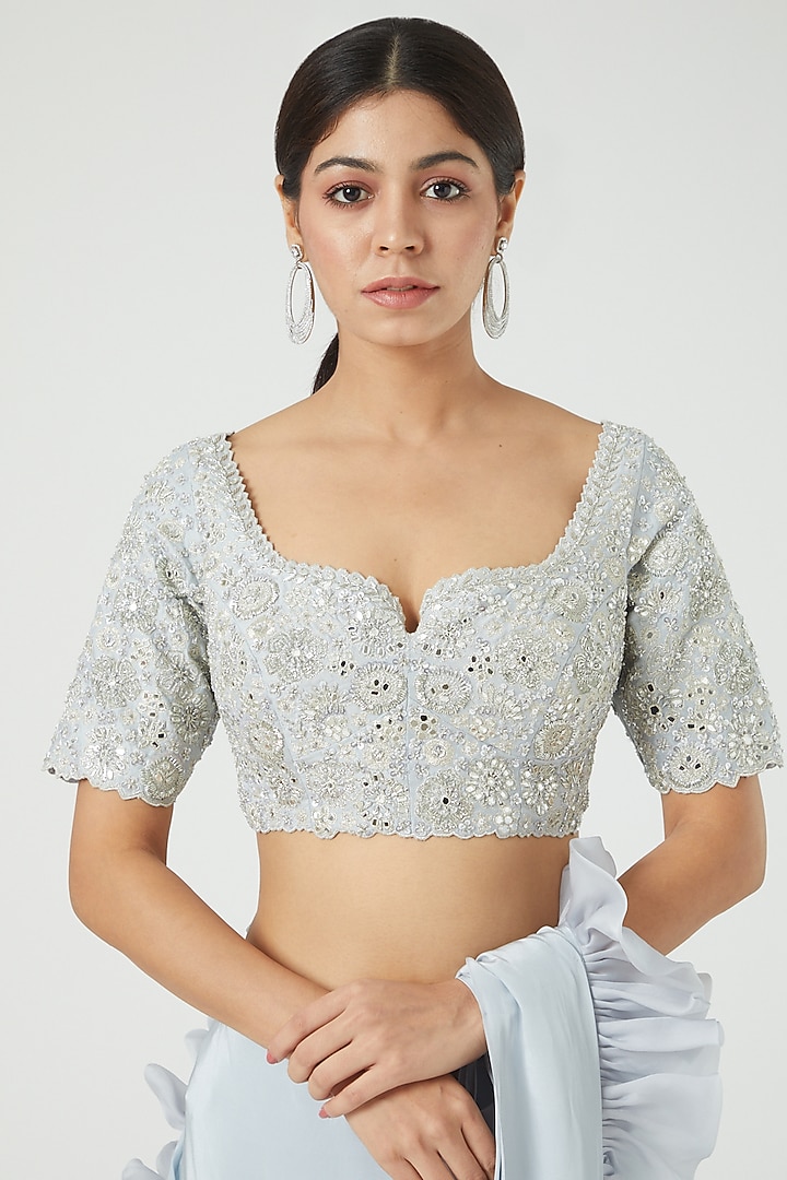 Sky Blue Crepe Pre-Draped Bridal Saree Set by Mishru at Pernia's Pop Up Shop