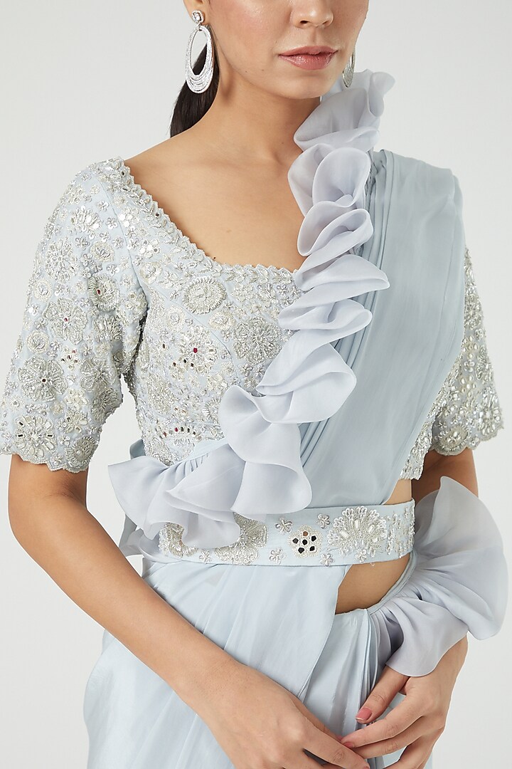 Sky Blue Crepe Pre-Draped Bridal Saree Set by Mishru at Pernia's Pop Up Shop