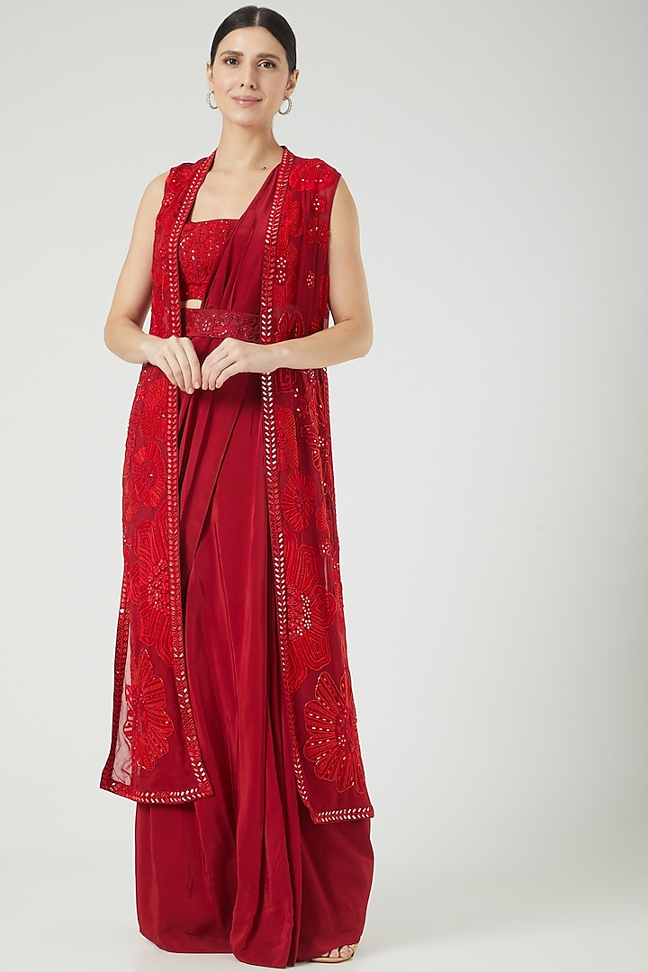 Red Embroidered Jacket Saree Set by Mishru