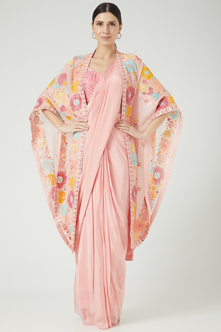 Blush Pink Embroidered Jacket Saree Set by Mishru at Pernia's Pop Up Shop