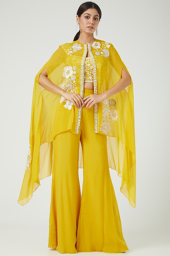 Yellow Embroidered Cape Set by Mishru