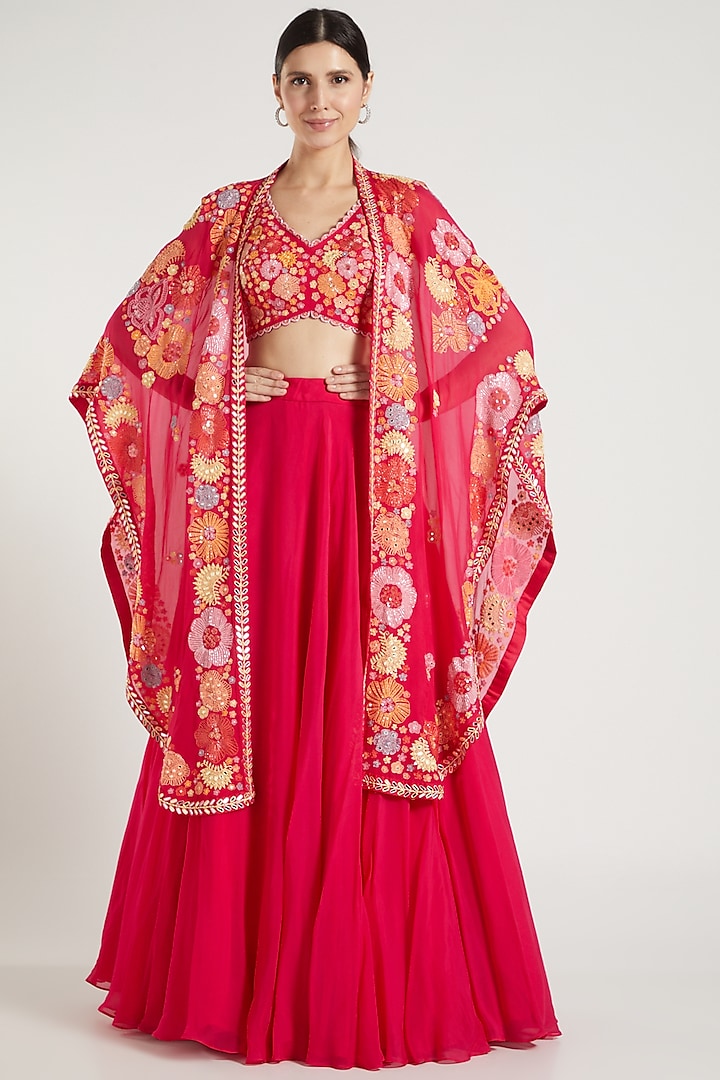 Fuchsia Floral Embroidered Cape Set by Mishru
