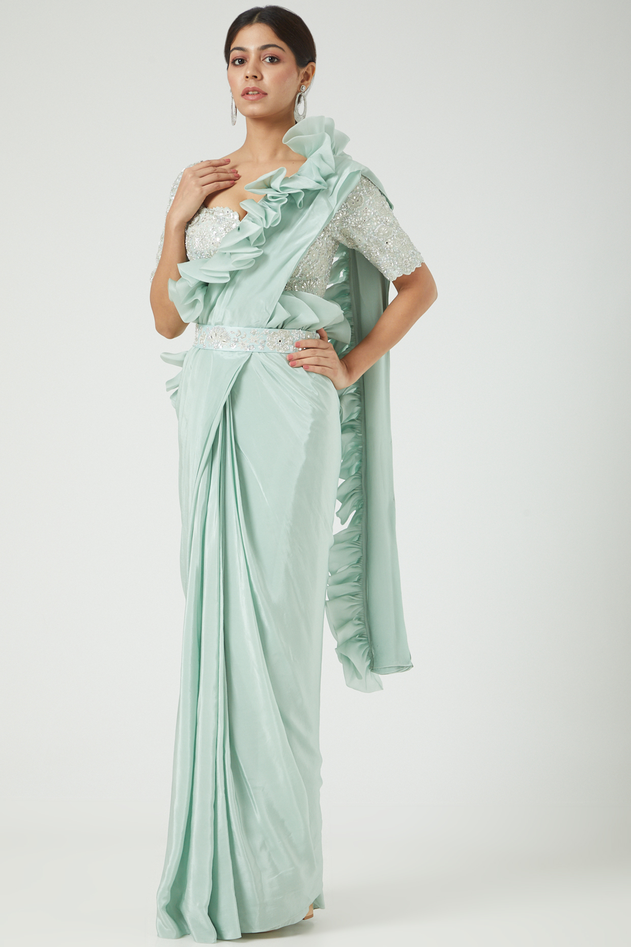 Mint Green Natural Crepe & Chanderi Pre-Draped Wedding Saree Set by Mishru at Pernia's Pop Up Shop