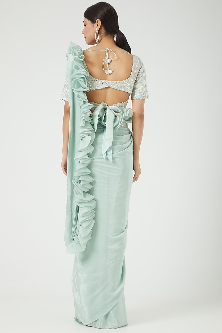 Mint Green Natural Crepe & Chanderi Pre-Draped Bridal Saree Set by Mishru at Pernia's Pop Up Shop