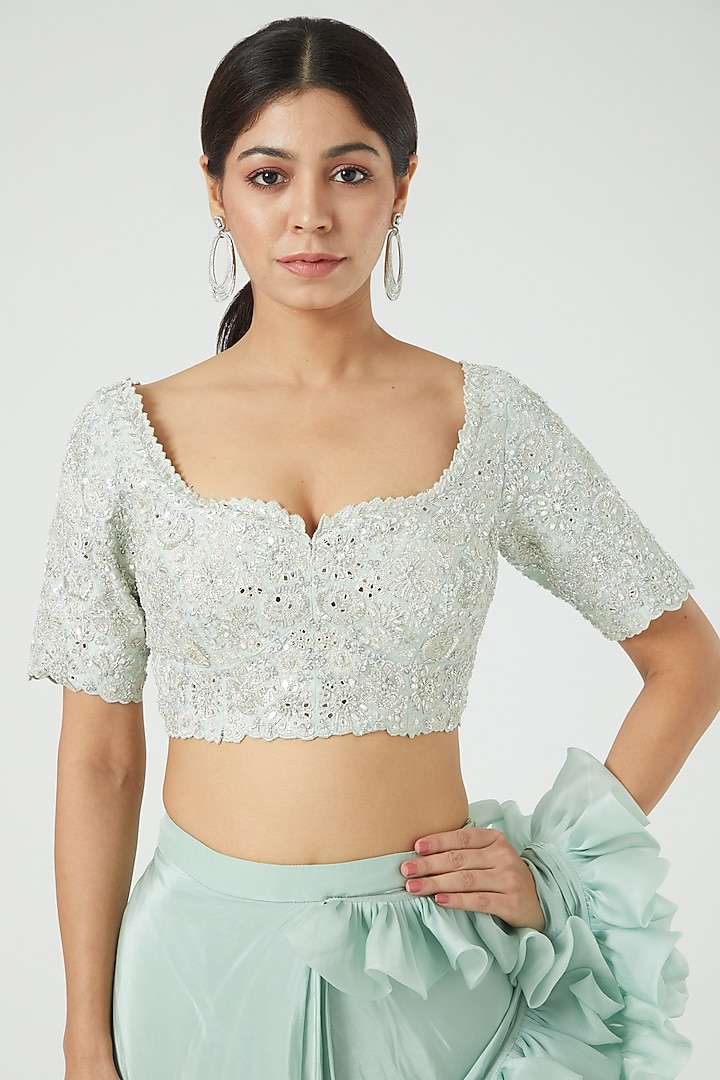 Mint Green Natural Crepe & Chanderi Pre-Draped Bridal Saree Set by Mishru at Pernia's Pop Up Shop