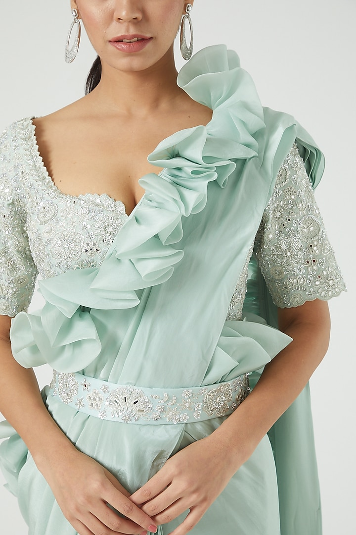 Mint Green Natural Crepe & Chanderi Pre-Draped Bridal Saree Set by Mishru at Pernia's Pop Up Shop