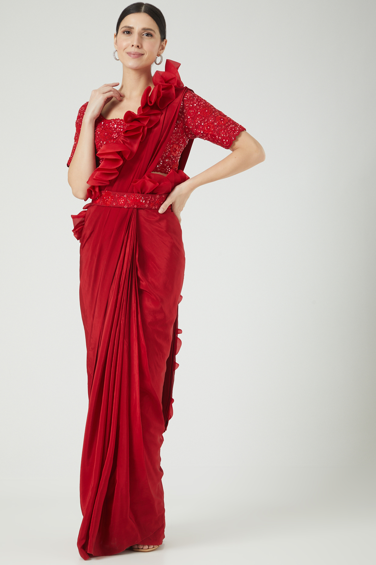 Red Natural Crepe & Chanderi Pre-Draped Ruffled Wedding Saree Set by Mishru at Pernia's Pop Up Shop