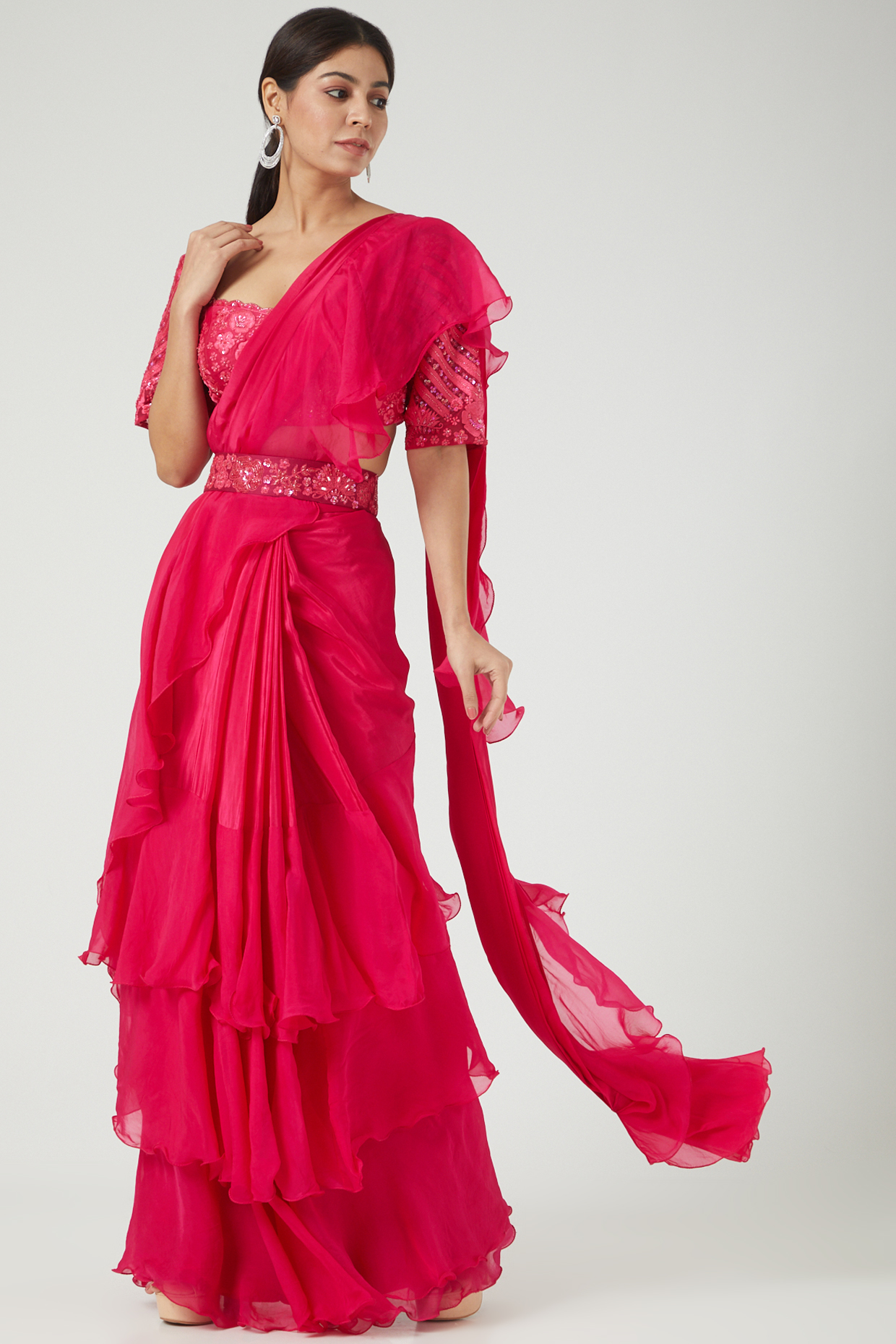 Fuchsia Natural Crepe & Organza Pre-Draped Ruffled Reception Saree Set by Mishru at Pernia's Pop Up Shop