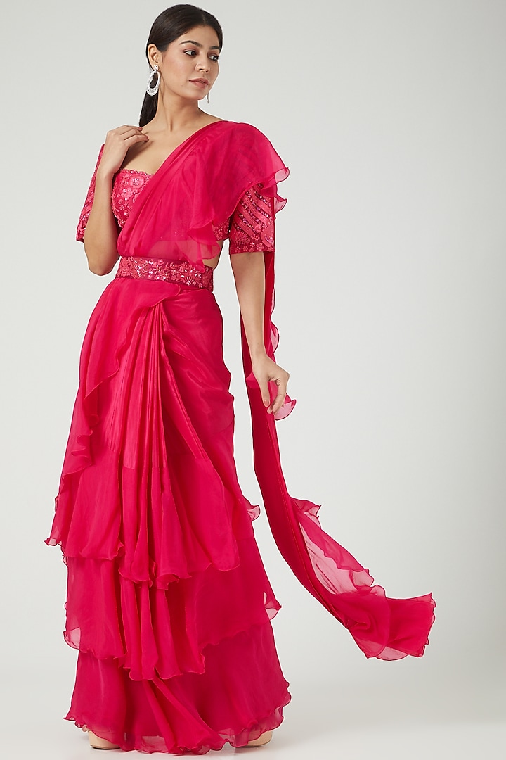 Fuchsia Natural Crepe & Organza Pre-Draped Ruffled Reception Saree Set by Mishru at Pernia's Pop Up Shop
