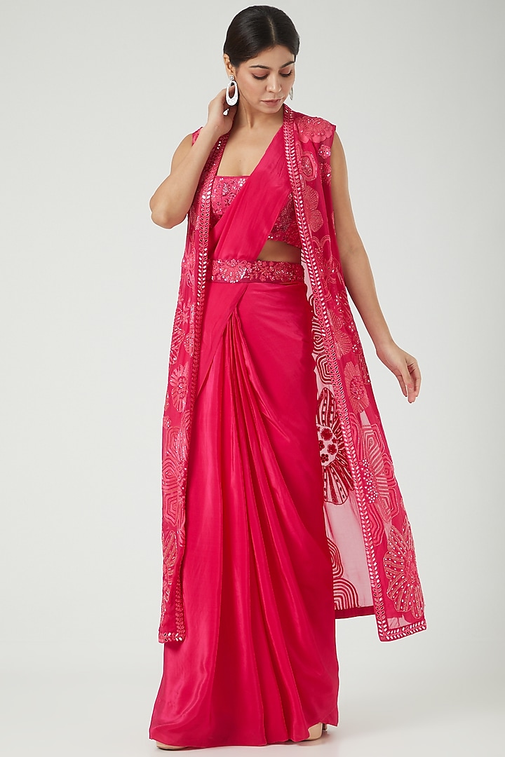 Fuchsia Embroidered Jacket Saree Set by Mishru