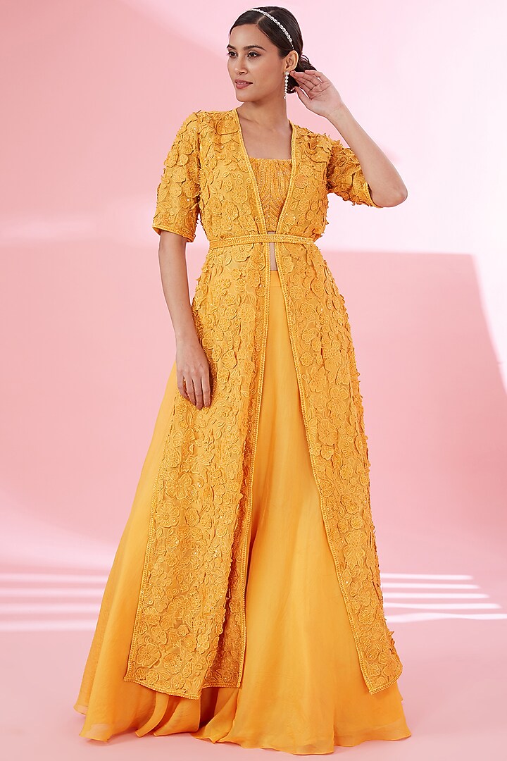 Orange Organza Floral Jacket Set by Mishru at Pernia's Pop Up Shop
