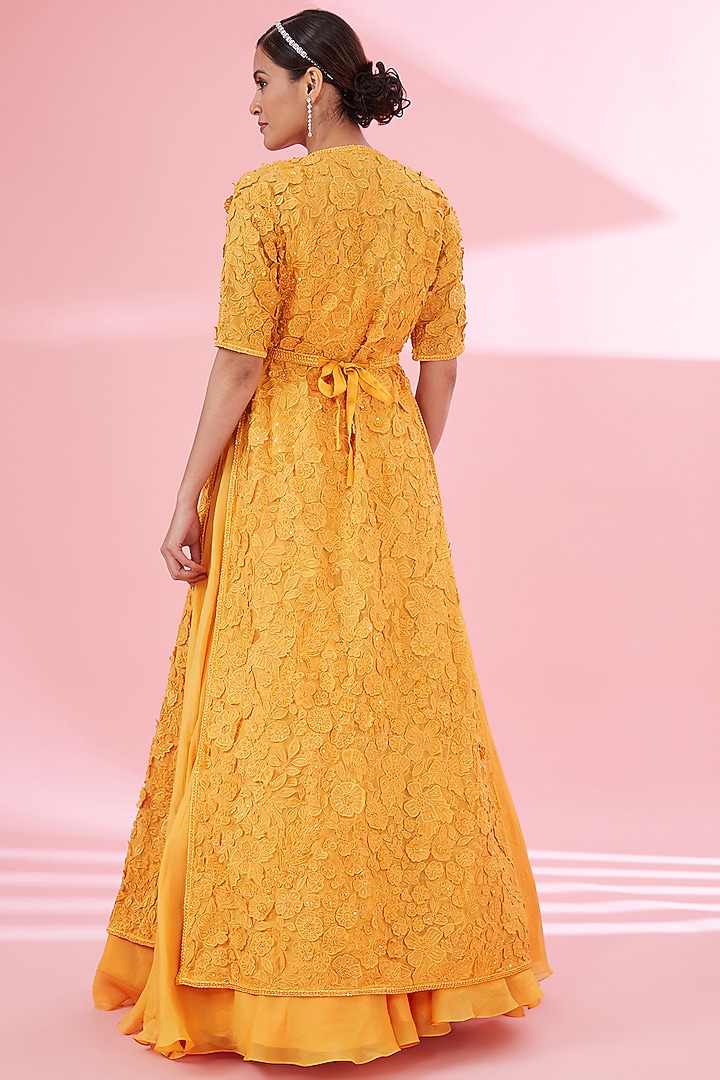 Orange Organza Floral Jacket Set by Mishru at Pernia's Pop Up Shop