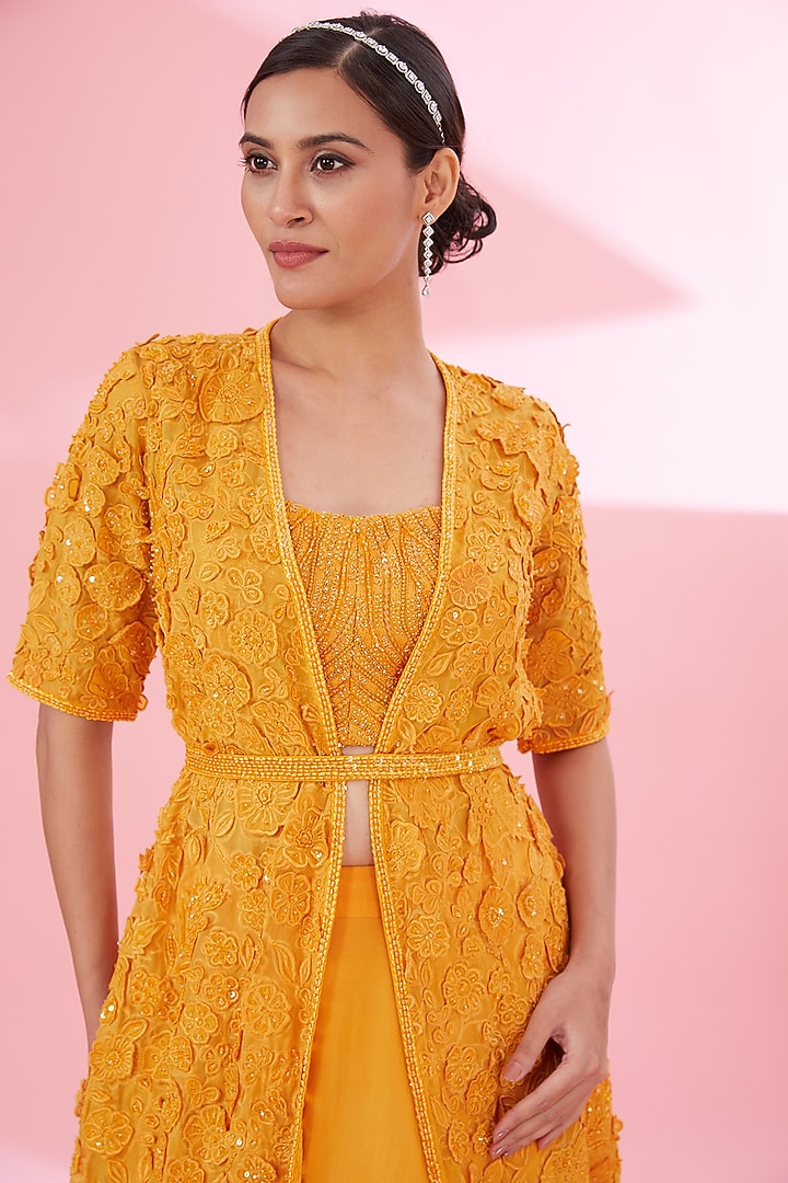 Orange Organza Floral Jacket Set by Mishru at Pernia's Pop Up Shop