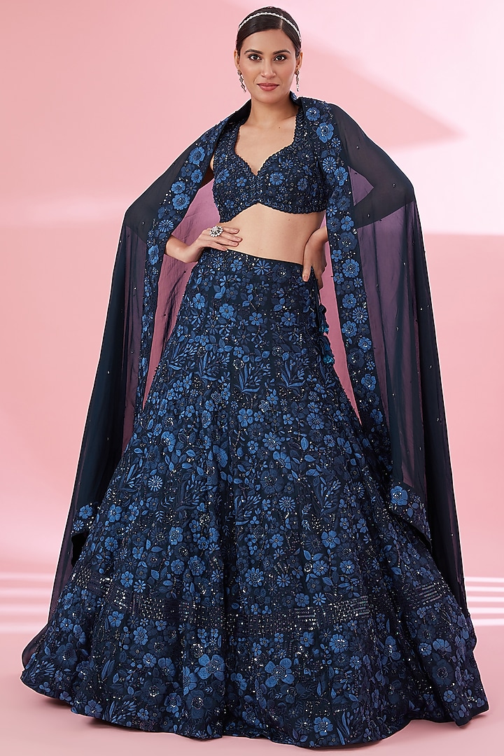 Blue Organza Embroidered Bridal Lehenga Set by Mishru at Pernia's Pop Up Shop