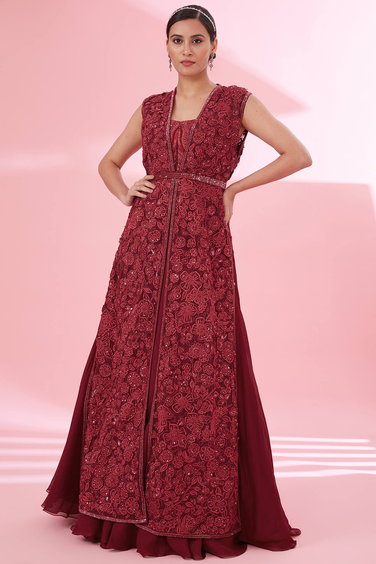 Red Organza Floral Jacket Set by Mishru at Pernia's Pop Up Shop