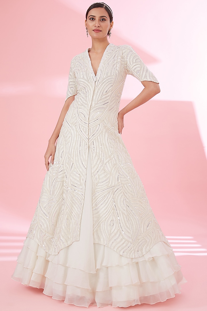 Ivory Organza Embroidered Jacket Set by Mishru at Pernia's Pop Up Shop