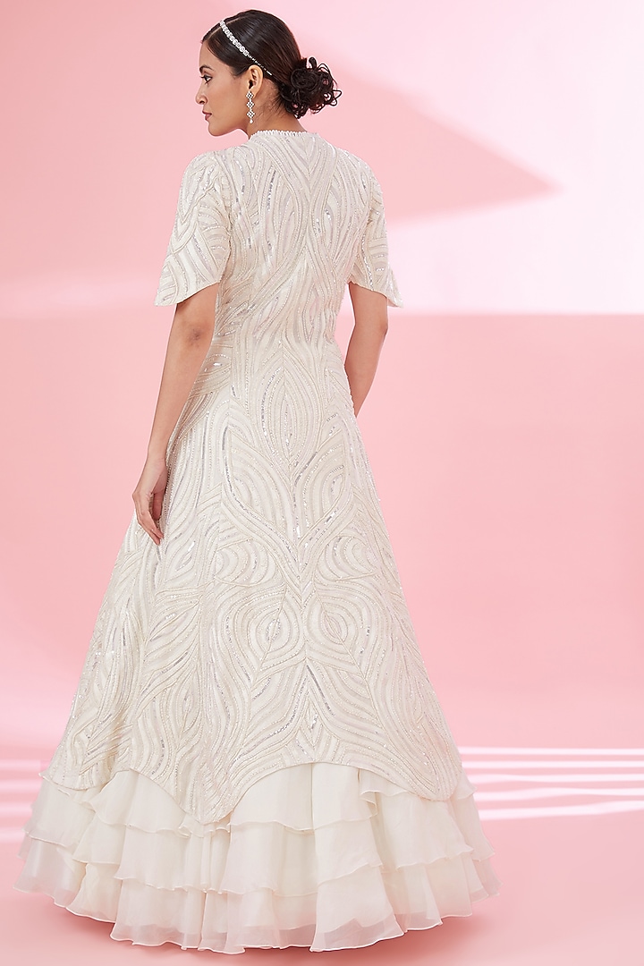 Ivory Organza Embroidered Jacket Set by Mishru at Pernia's Pop Up Shop