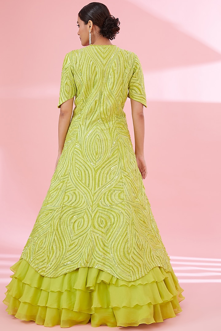 Green Organza Embroidered Jacket Set by Mishru at Pernia's Pop Up Shop