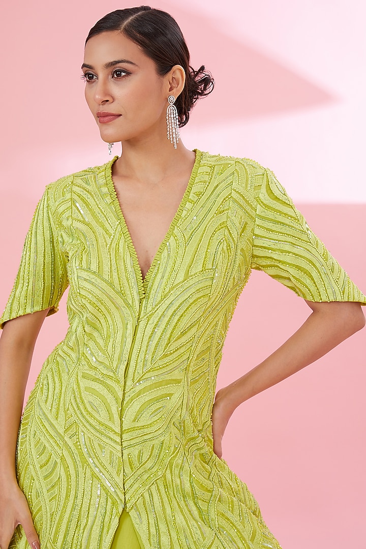 Green Organza Embroidered Jacket Set by Mishru at Pernia's Pop Up Shop