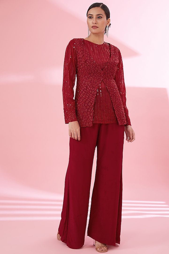 Red Chanderi Embroidered Jacket Set by Mishru at Pernia's Pop Up Shop