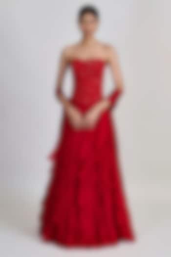 Red Organza Ruffled Skirt Set by Mishru at Pernia's Pop Up Shop