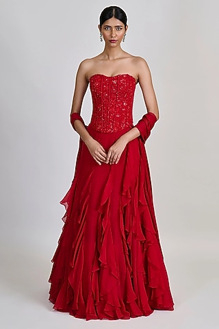 Red Organza Ruffled Skirt Set by Mishru