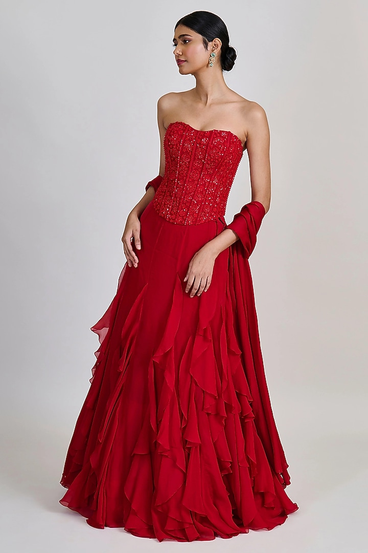 Red Organza Ruffled Skirt Set by Mishru at Pernia's Pop Up Shop