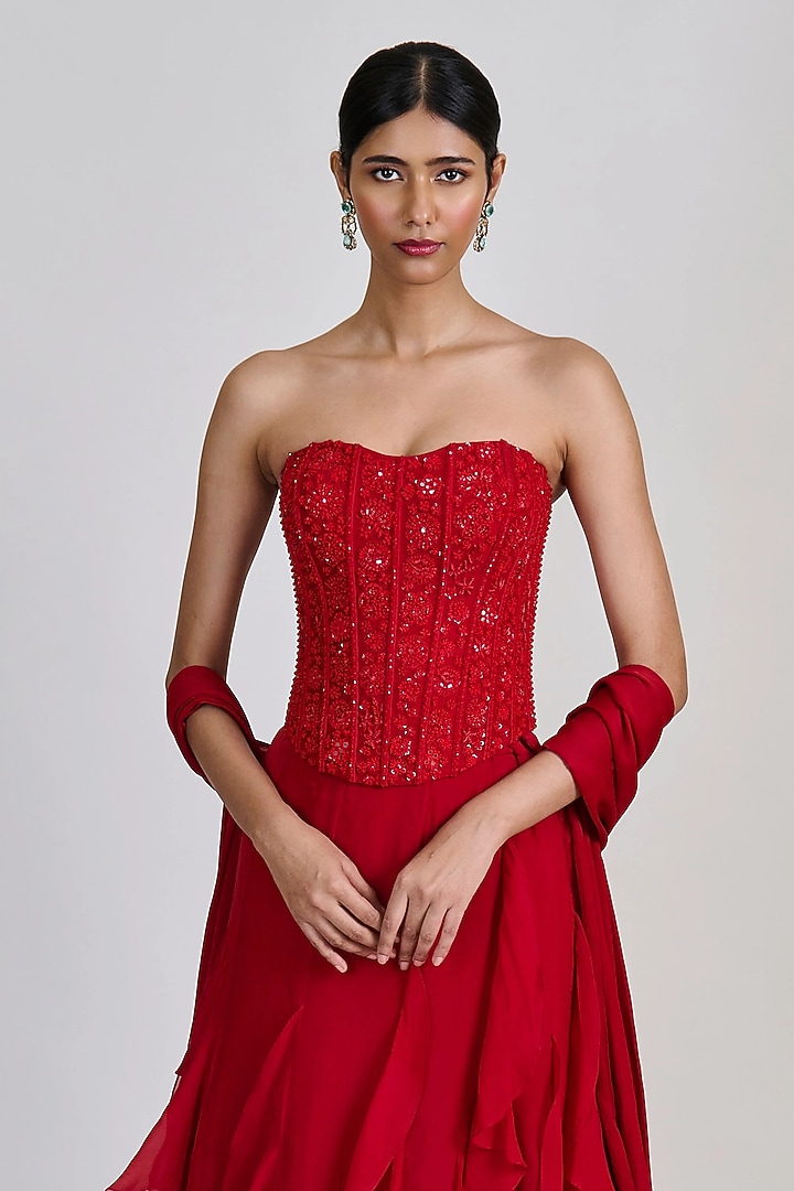 Red Organza Ruffled Skirt Set by Mishru at Pernia's Pop Up Shop